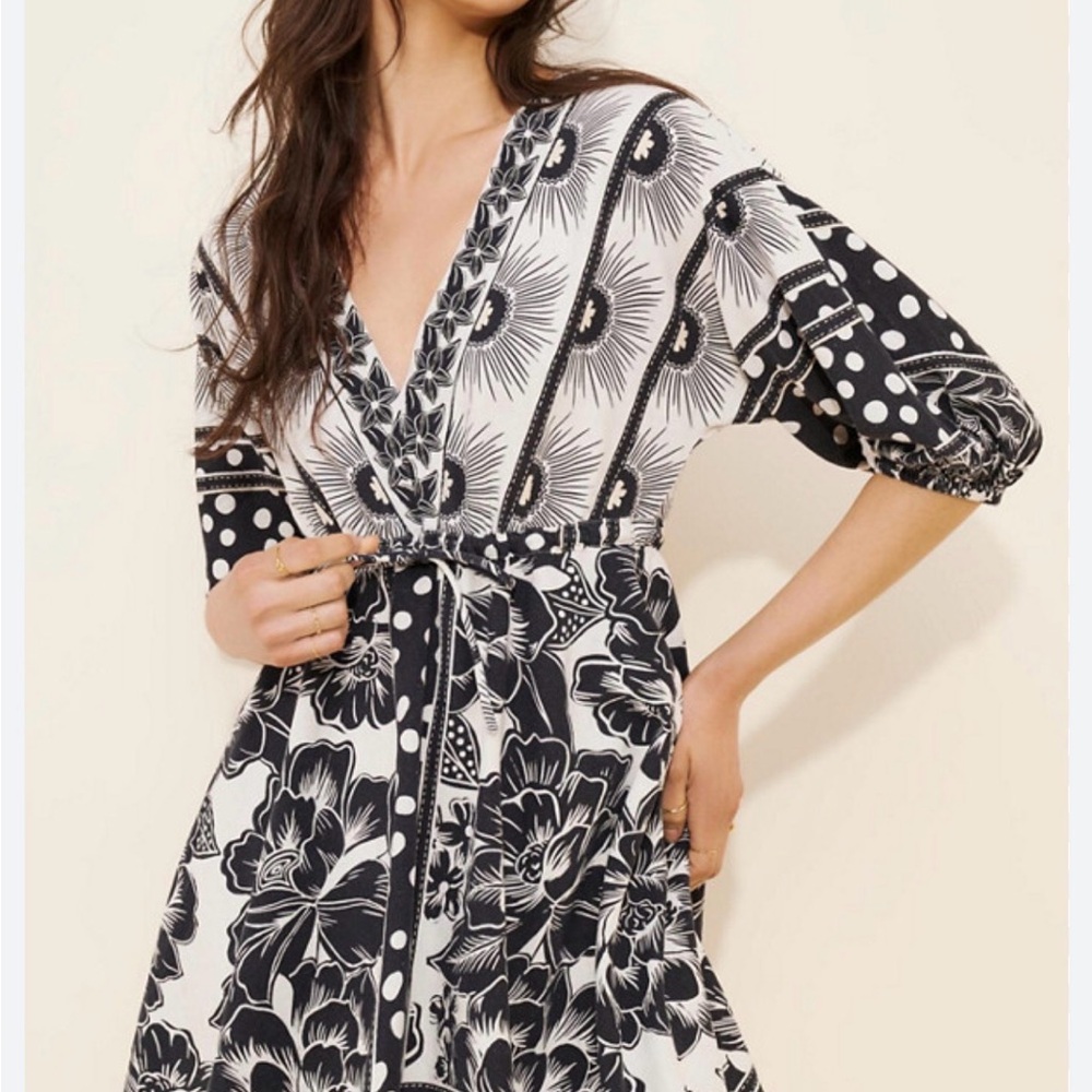 FARM Rio Black and White Floral & Dot Wrap Dress
